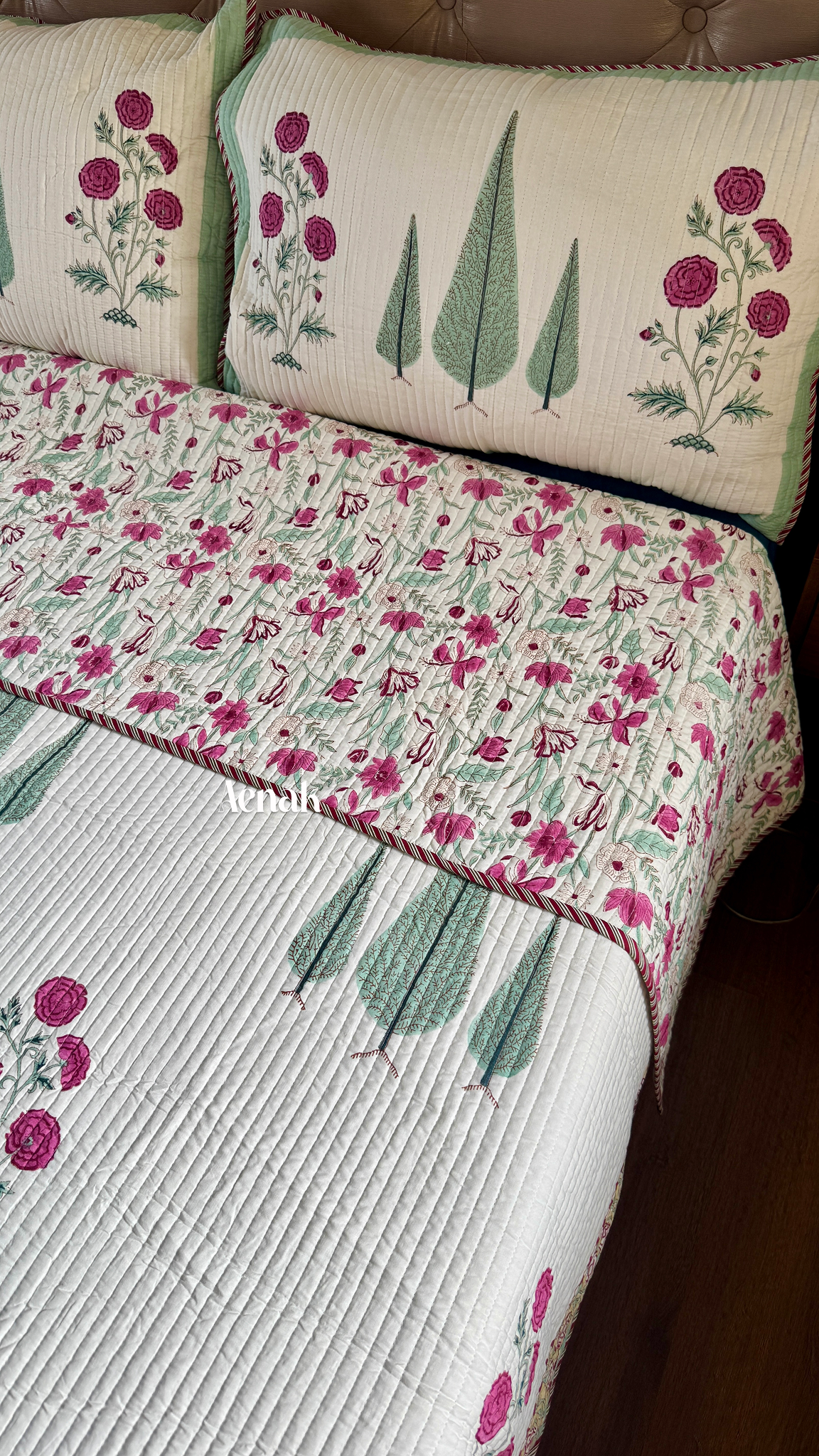 Magenta Floral Garden Handblock Printed Reversible Quilted Bedcover (Ivory Base)