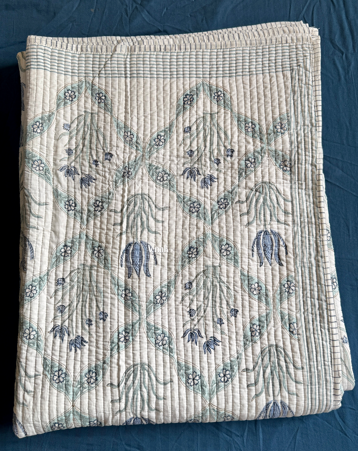 Blue Lotus Handblock Printed Reversible Straight Quilted Bedcover
