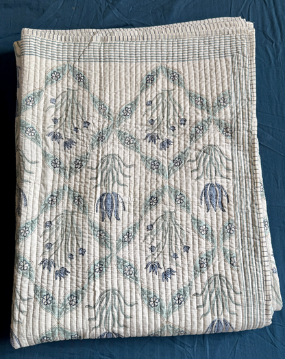 Blue Lotus Handblock Printed Reversible Straight Quilted Bedcover