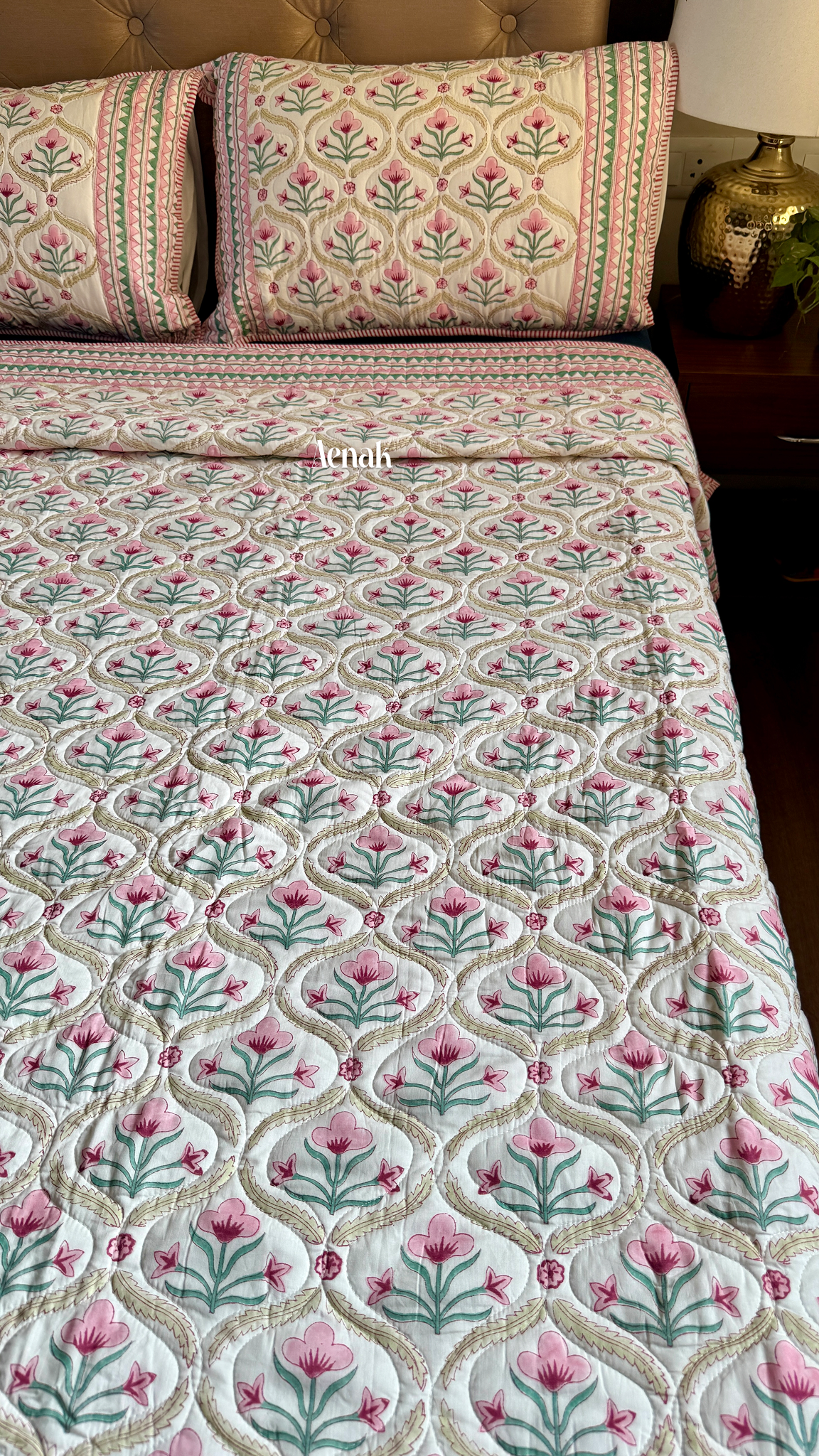Pink & Green Cotton Bud Handblock Printed Reversible Quilted Bedcover