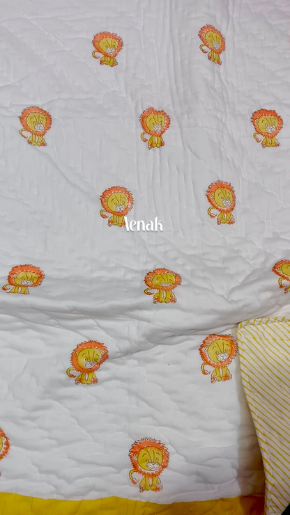 Orange Lion Handblock Printed Reversible Mulmul Cotton Blanket