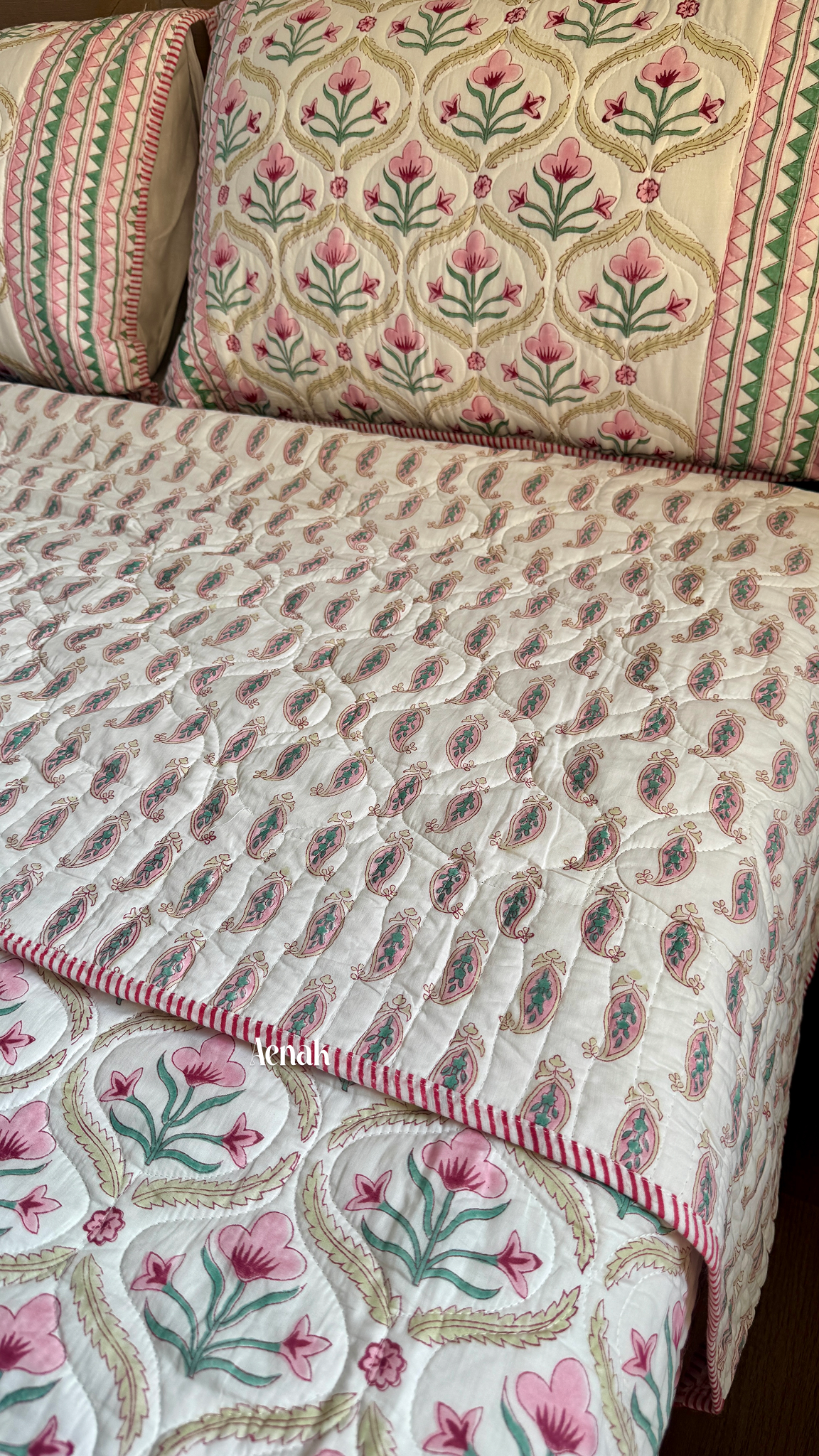 Pink & Green Cotton Bud Handblock Printed Reversible Quilted Bedcover