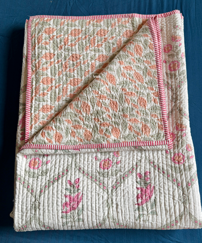 Pink Periwinkle Handblock Printed Reversible Straight Quilted Bedcover