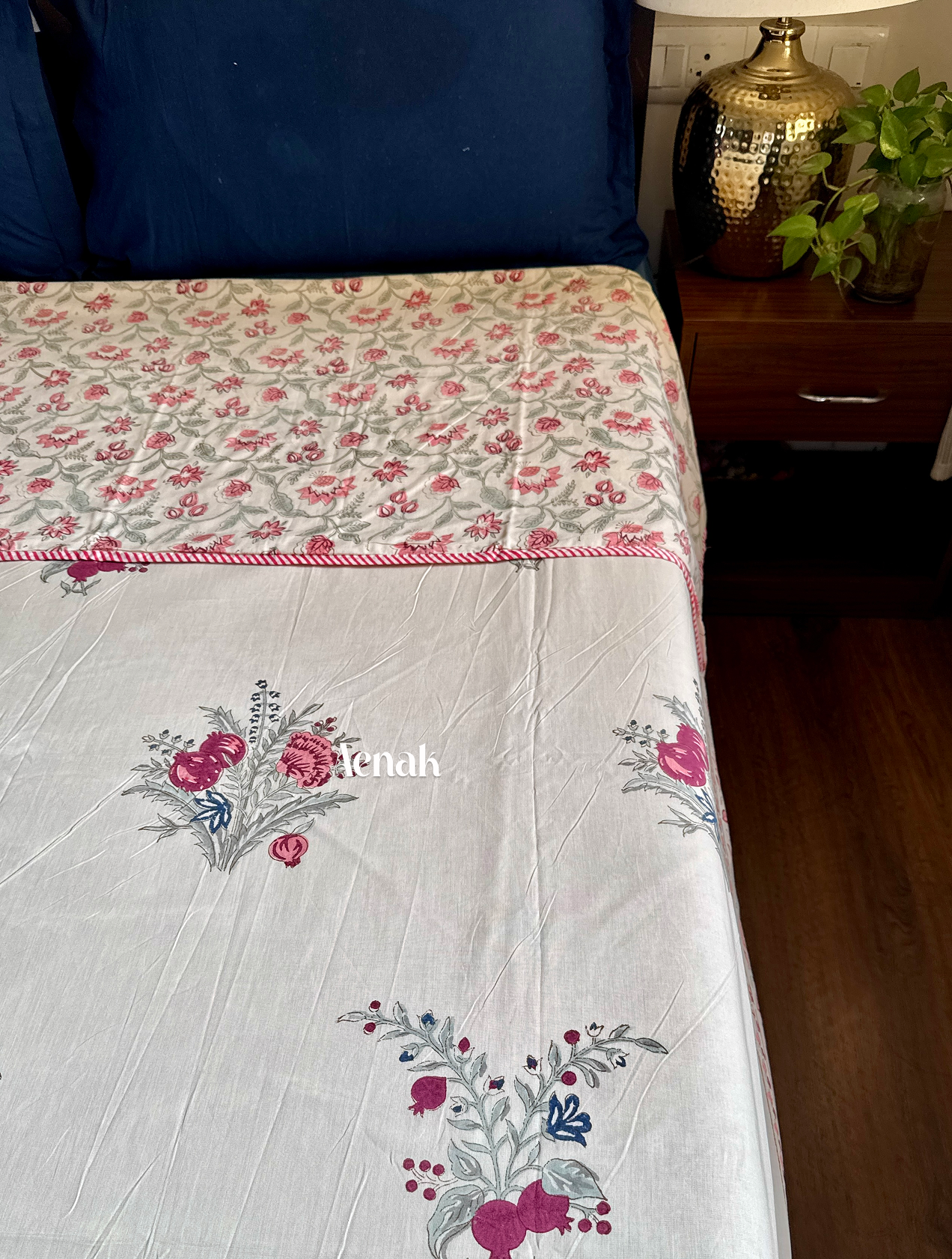 Burgundy Anaar Handblock Printed Mulmul Cotton Reversible Dohar (Beige Base)