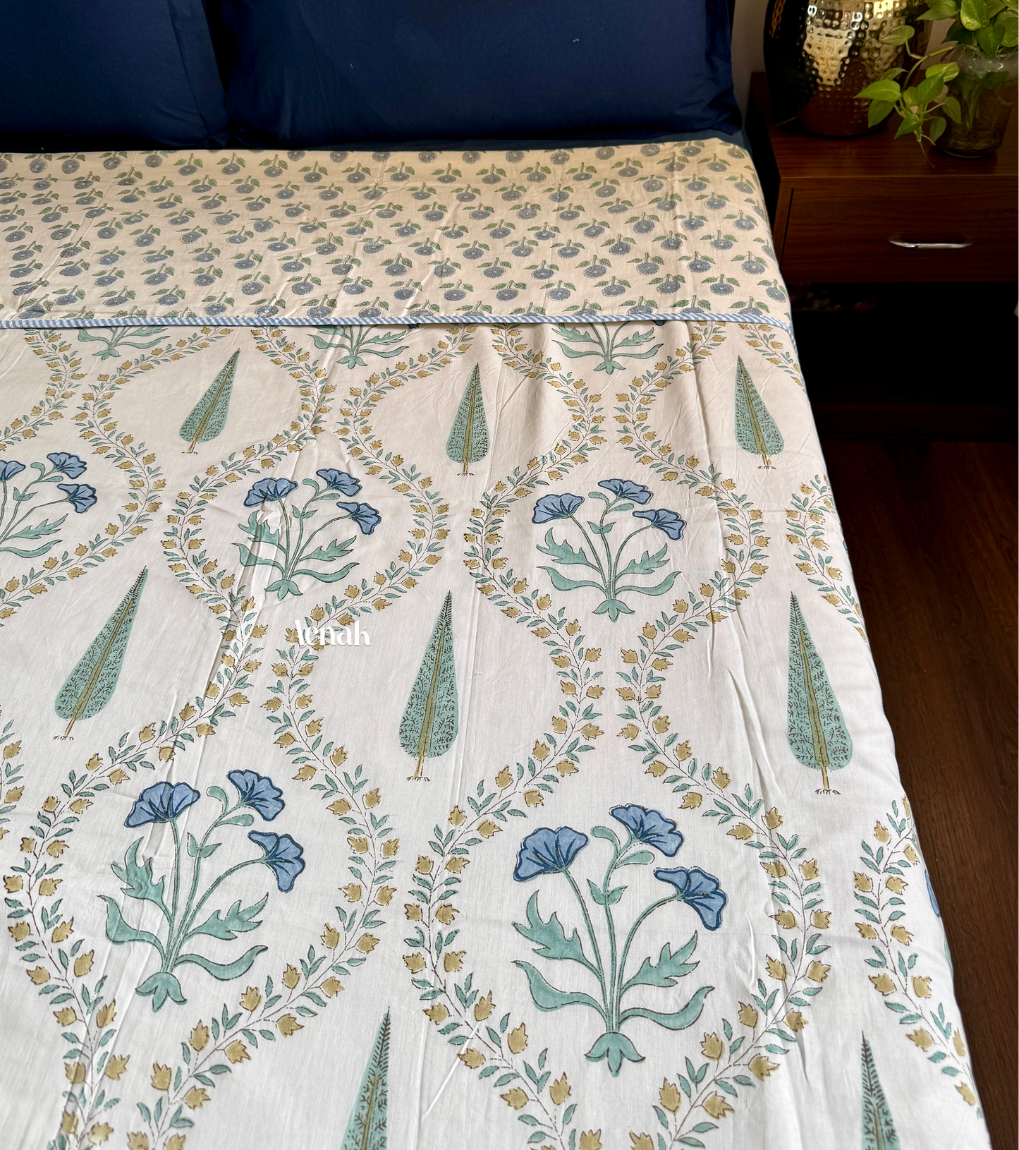 Blue Poppy Handblock Bedsheet + Dohar Combo (Beige Base)