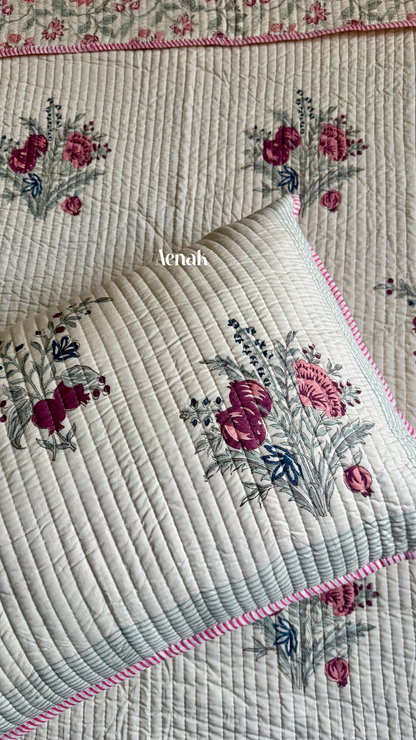 Burgundy Anaar Handblock Printed Reversible Straight Quilted Bedcover Set (Beige Base)