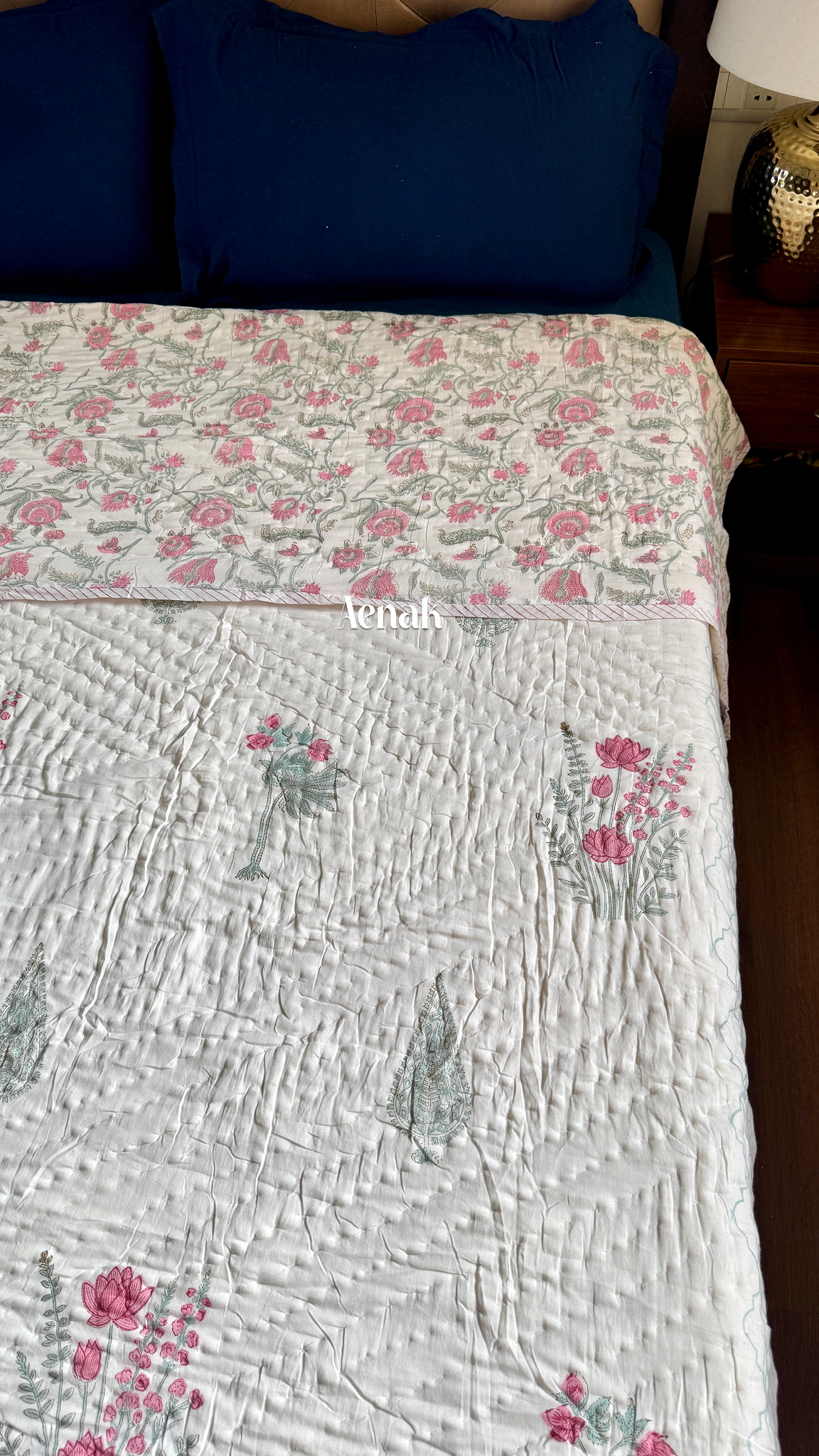 Green Ashoka Handblock Bedsheet + Quilt Combo
