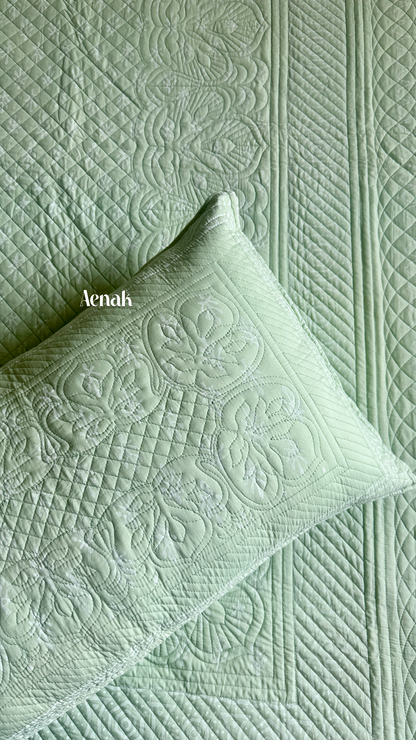 Light Green Embossed Quilted Handblock Printed Bedcover