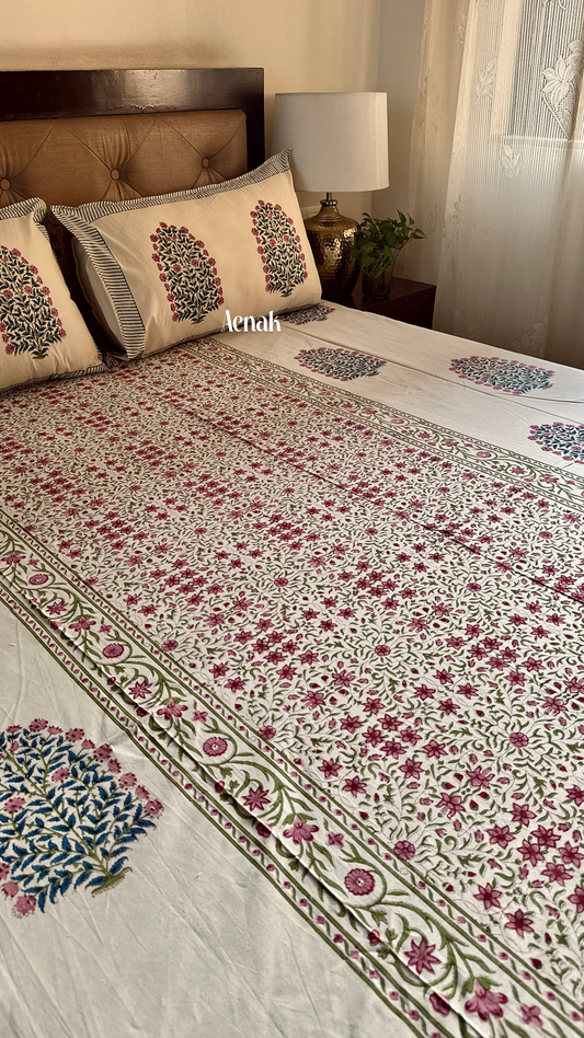 Burgundy & Beige Floral Handblock Printed Premium Cotton Bedsheet (Beige Base)