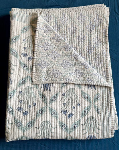 Blue Lotus Handblock Printed Reversible Straight Quilted Bedcover