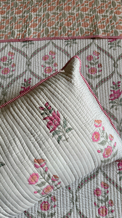 Pink Periwinkle Handblock Printed Reversible Straight Quilted Bedcover