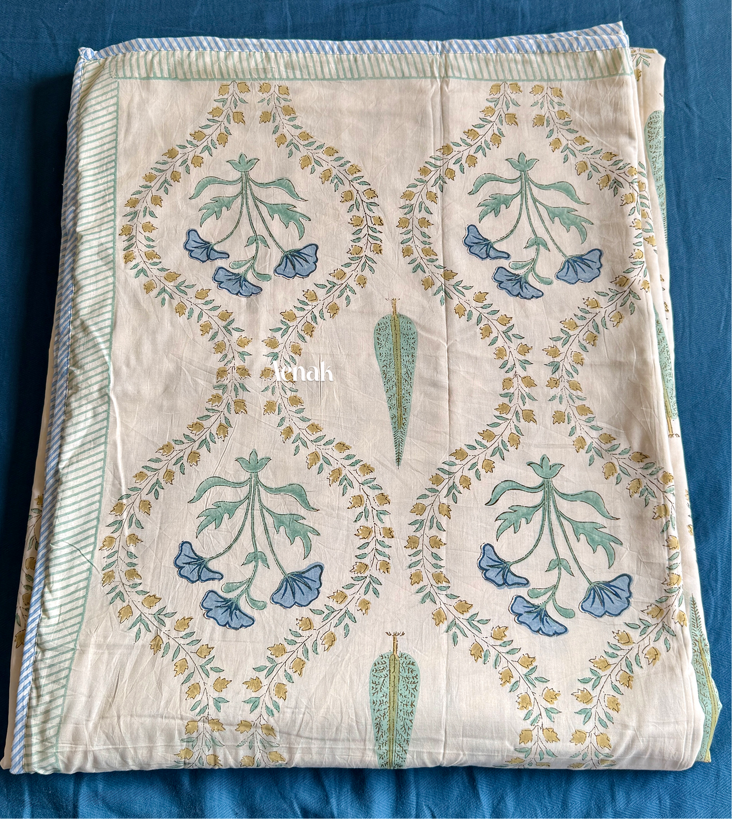 Blue Poppy Handblock Bedsheet + Dohar Combo (Beige Base)