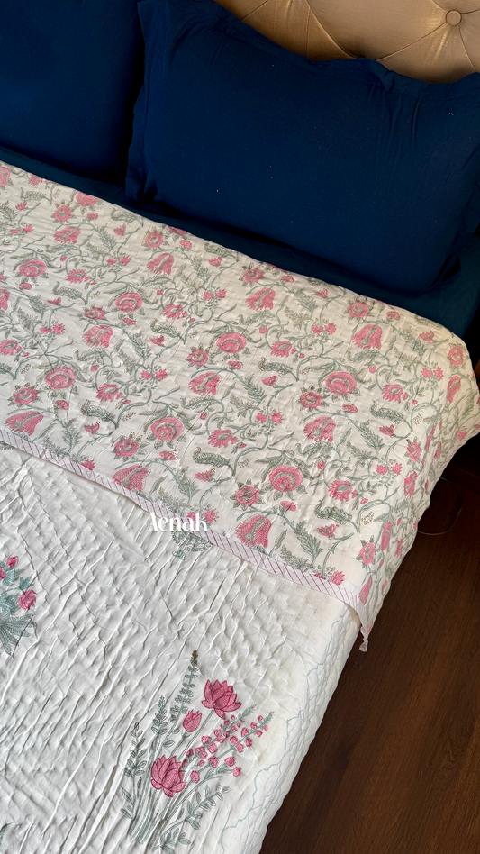 Green Ashoka Handblock Bedsheet + Quilt Combo