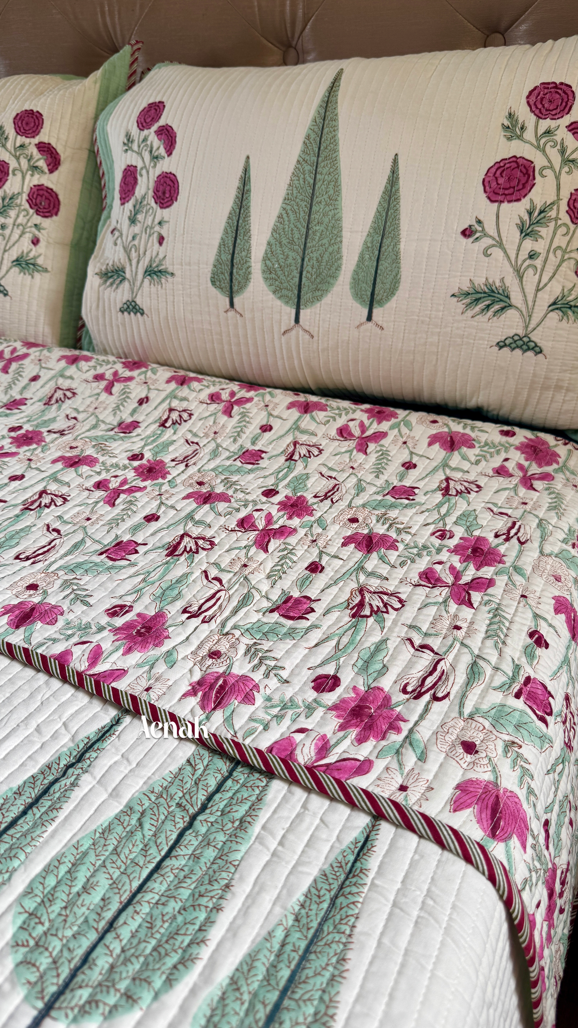 Magenta Floral Garden Handblock Printed Reversible Quilted Bedcover (Ivory Base)