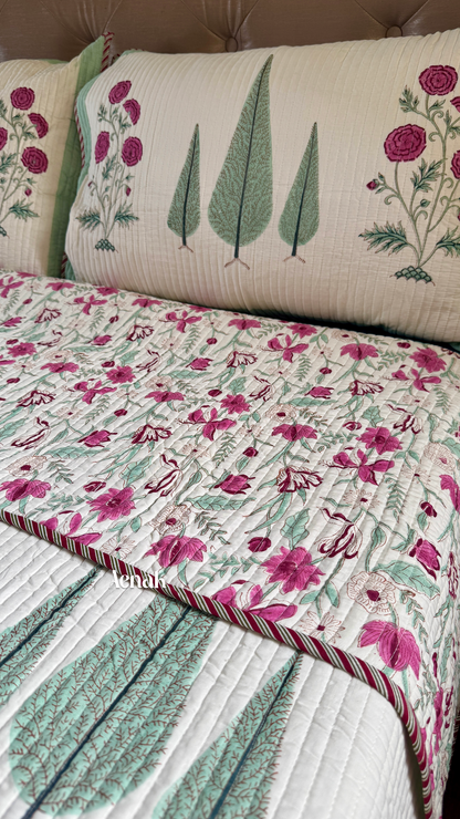 Magenta Floral Garden Handblock Printed Reversible Quilted Bedcover (Ivory Base)