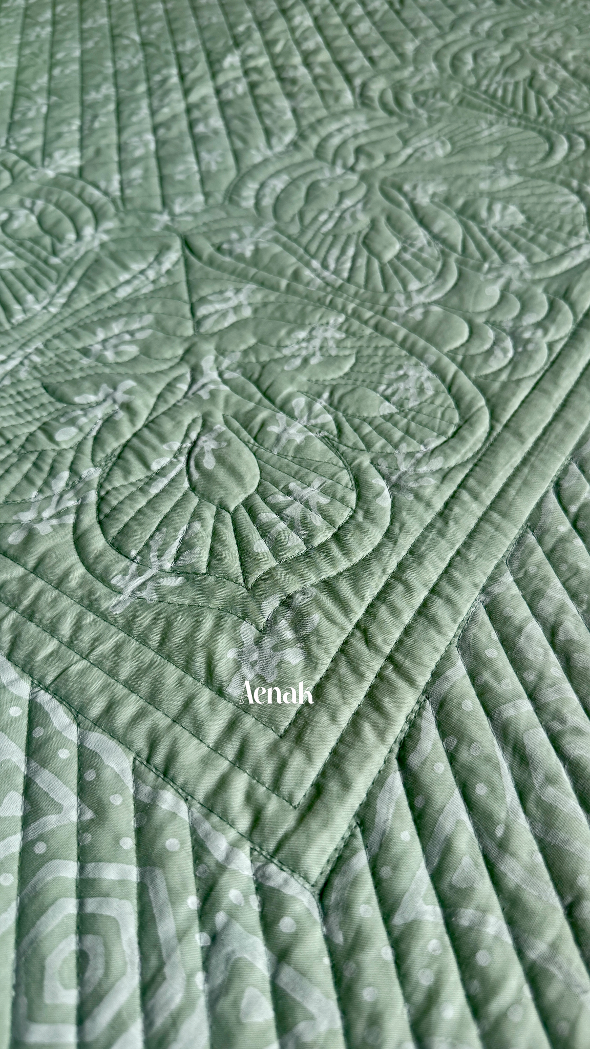 Light Green Embossed Quilted Handblock Printed Bedcover