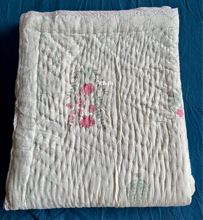 Green Ashoka Handblock Printed Reversible Mulmul Cotton Quilt