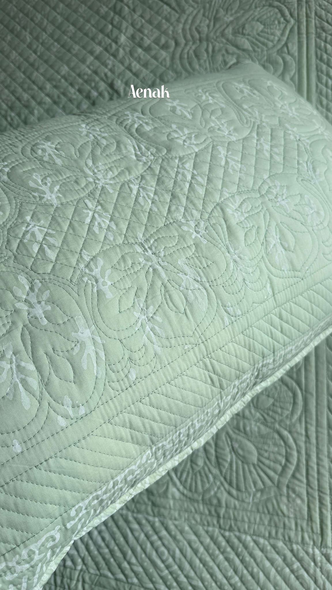 Light Green Embossed Quilted Handblock Printed Bedcover