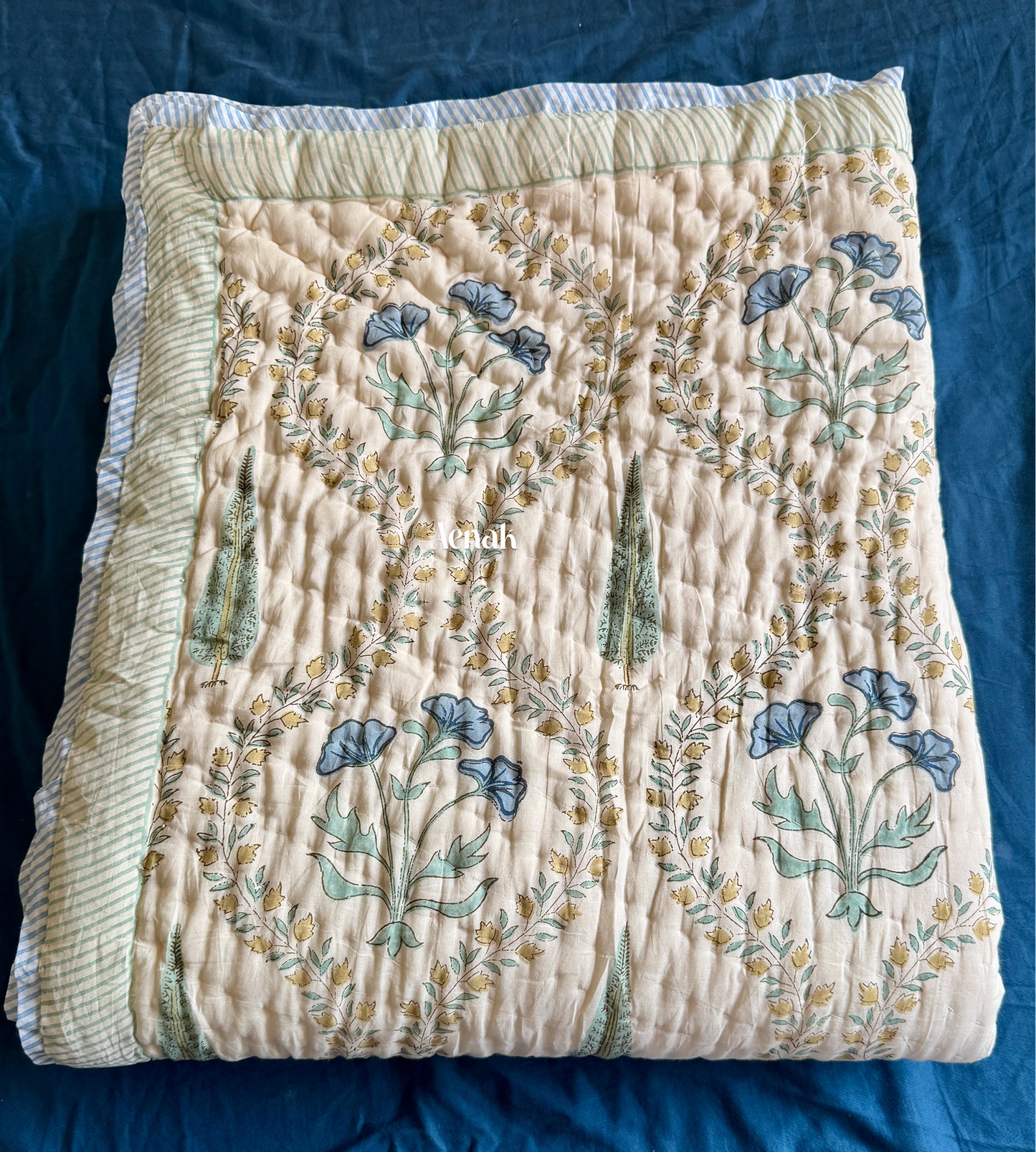 Blue Poppy Handblock Printed Reversible Mulmul Cotton Quilt (Beige Base)