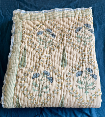 Blue Poppy Handblock Printed Reversible Mulmul Cotton Quilt (Beige Base)