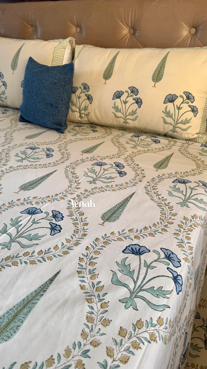 Blue Poppy Handblock Bedsheet + Dohar Combo (Beige Base)