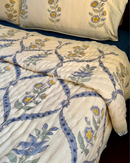 Blue Periwinkle Handblock Printed Reversible Mulmul Cotton Quilt (Beige Base)