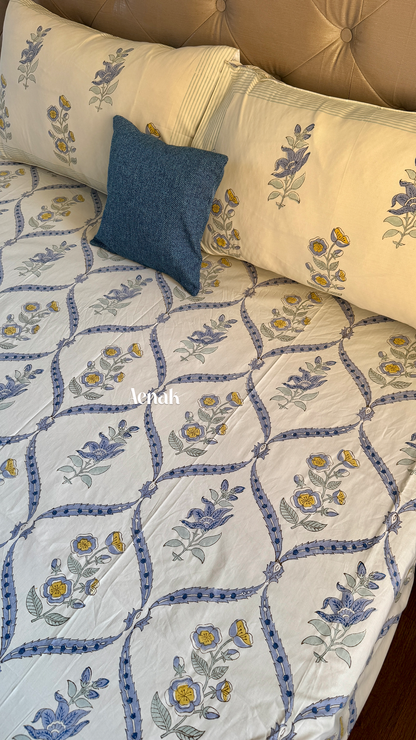 Blue Periwinkle Jaal Handblock Bedsheet + Dohar Combo (Beige Base)
