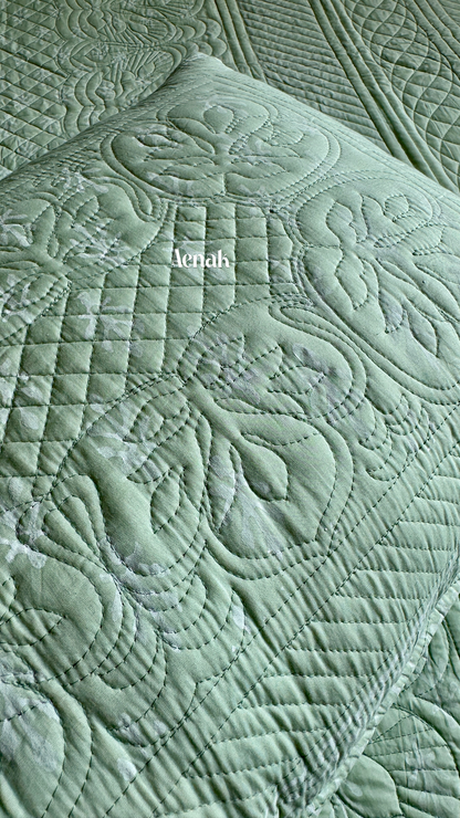 Light Green Embossed Quilted Handblock Printed Bedcover