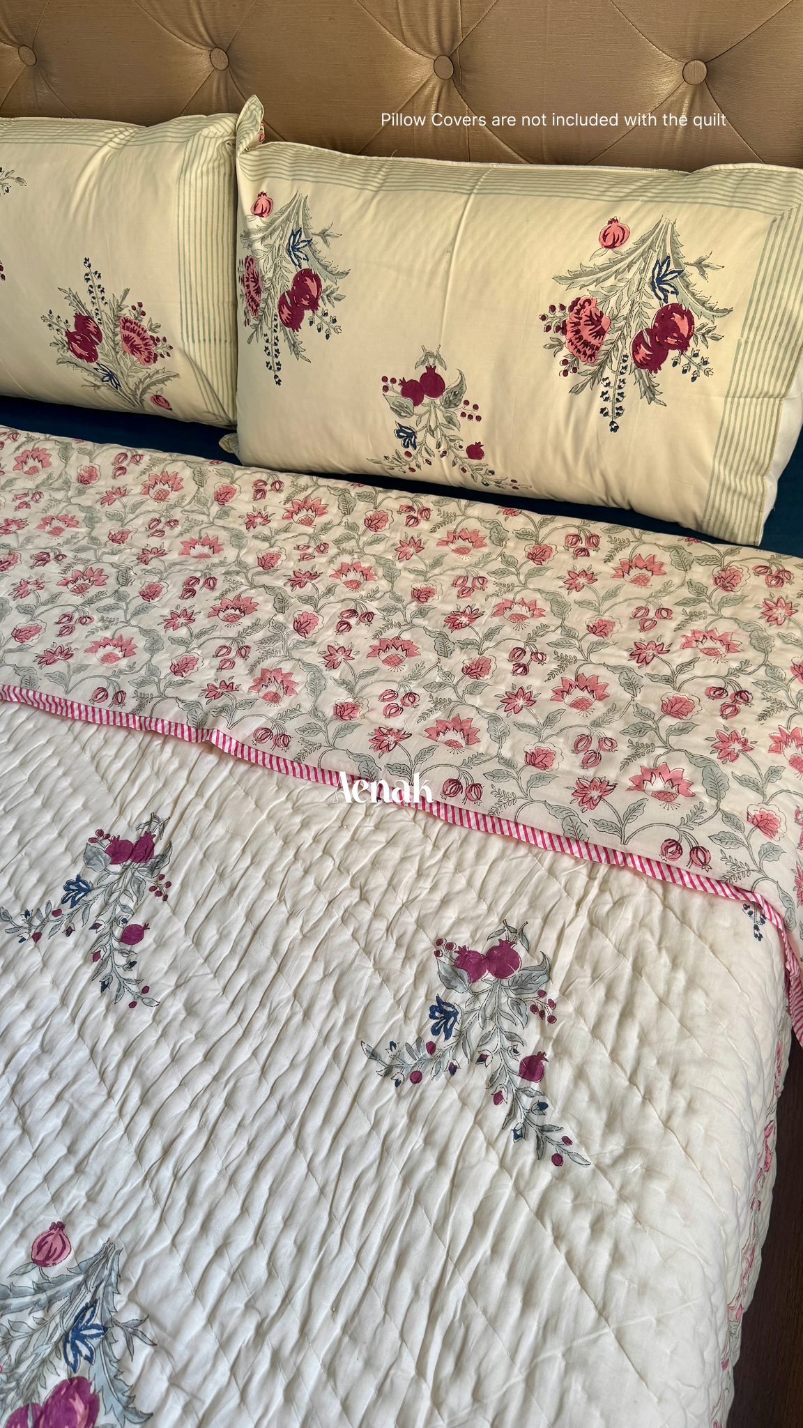 Burgundy Anaar Handblock Printed Reversible Mulmul Cotton Quilt (Beige Base)