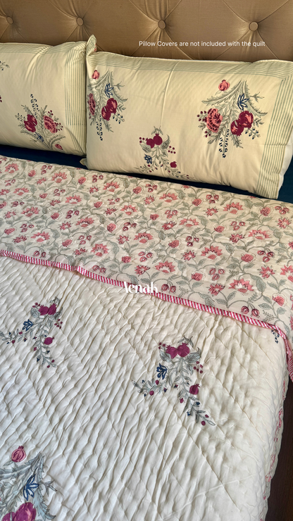 Burgundy Anaar Handblock Printed Reversible Mulmul Cotton Quilt (Beige Base)