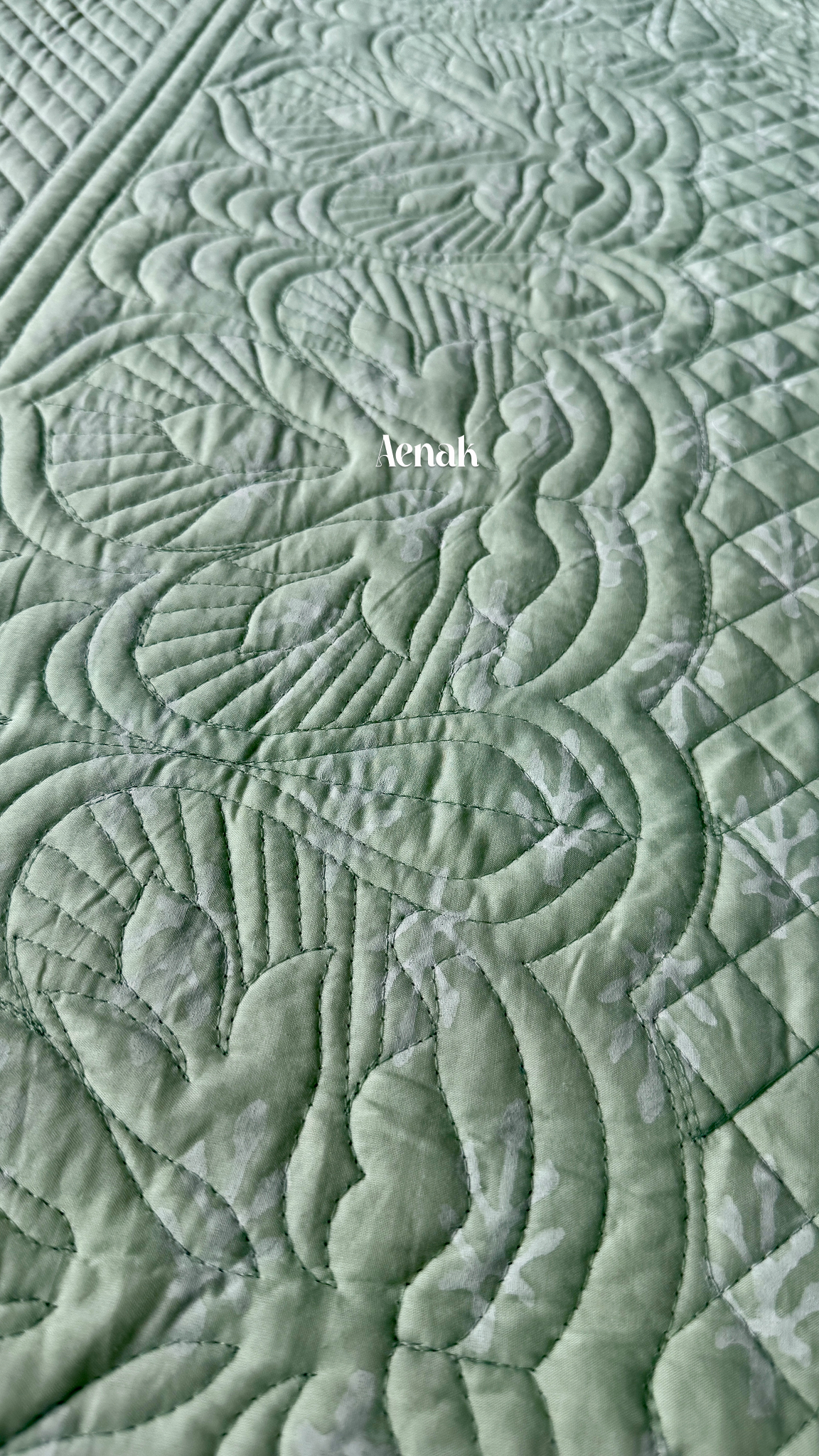 Light Green Embossed Quilted Handblock Printed Bedcover