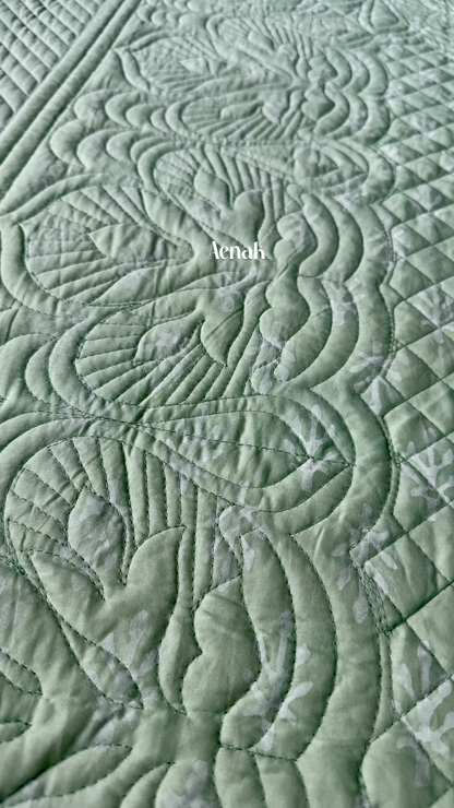 Light Green Embossed Quilted Handblock Printed Bedcover