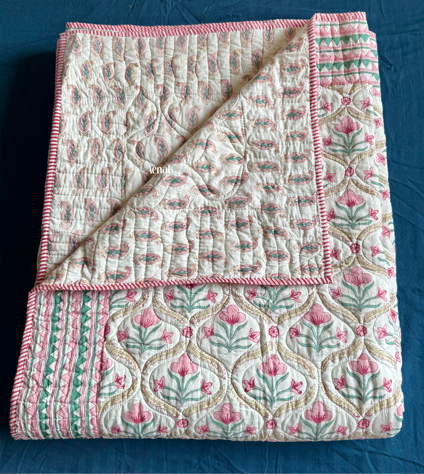 Pink & Green Cotton Bud Handblock Printed Reversible Quilted Bedcover
