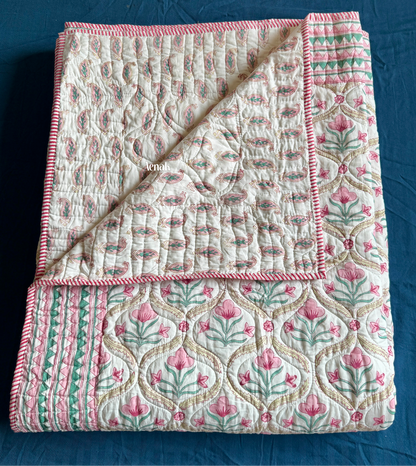 Pink & Green Cotton Bud Handblock Printed Reversible Quilted Bedcover
