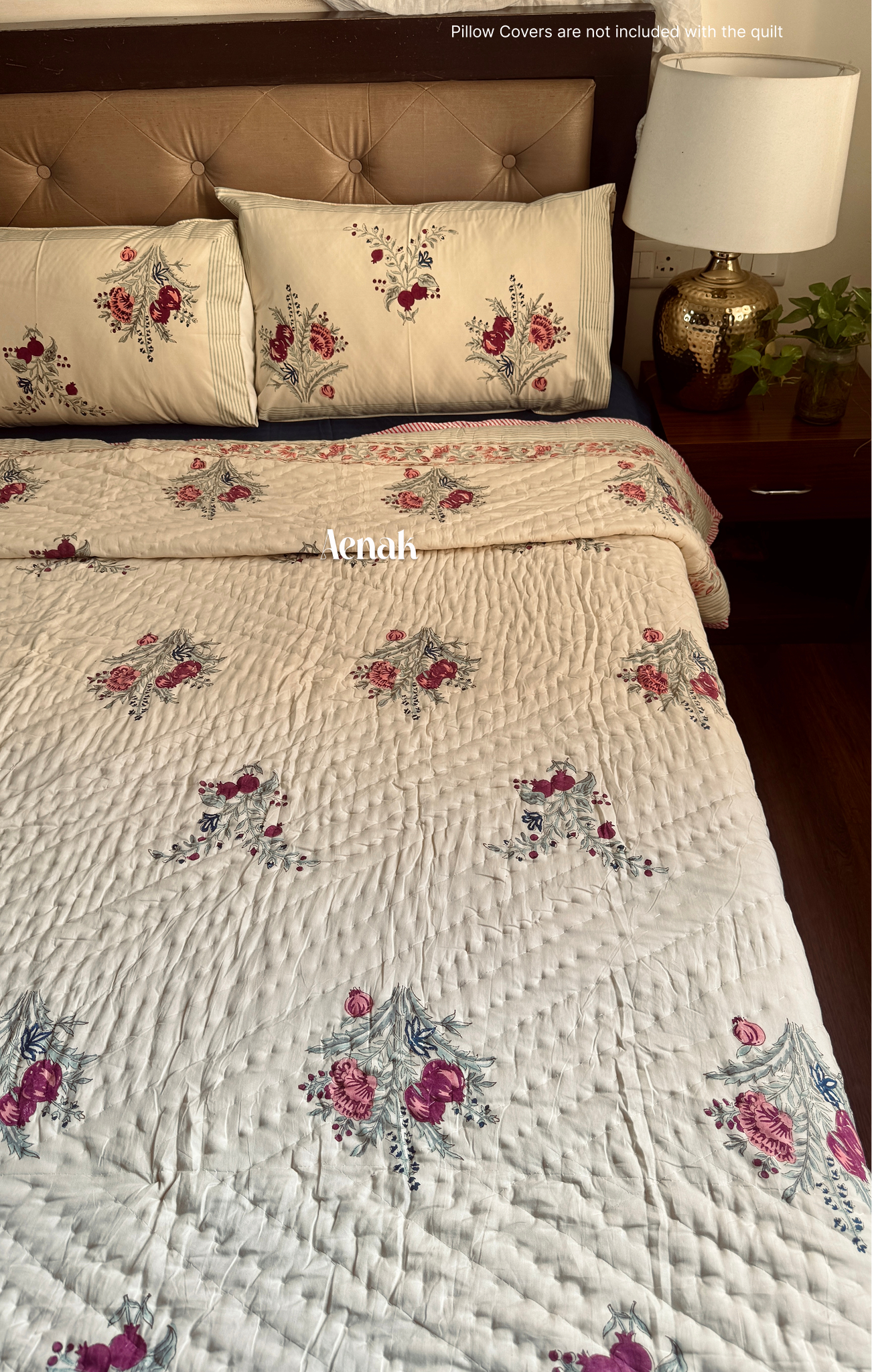 Burgundy Anaar Handblock Printed Reversible Mulmul Cotton Quilt (Beige Base)