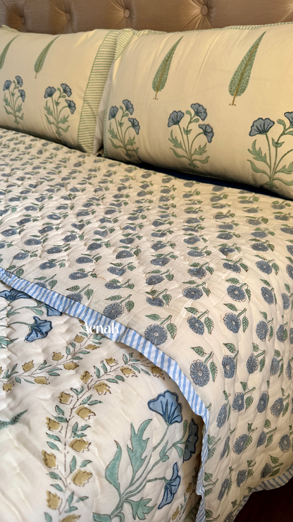 Blue Poppy Handblock Printed Reversible Mulmul Cotton Quilt (Beige Base)