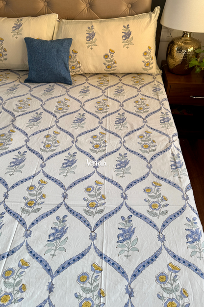 Blue Periwinkle Jaal Handblock Bedsheet + Dohar Combo (Beige Base)