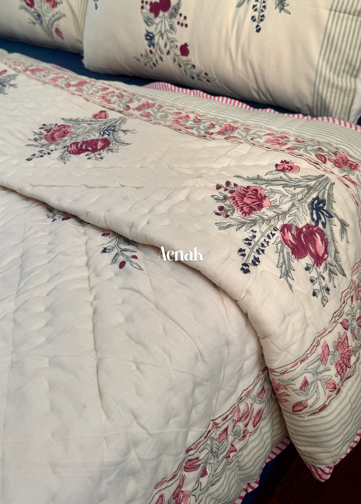 Burgundy Anaar Handblock Bedsheet + Quilt Combo (Beige Base)