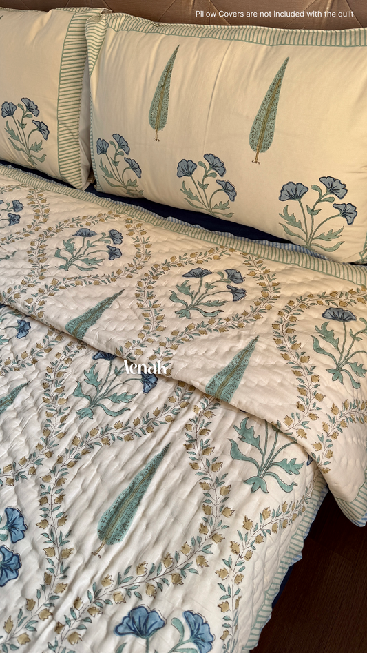 Blue Poppy Handblock Bedsheet + Quilt Combo (Beige Base)