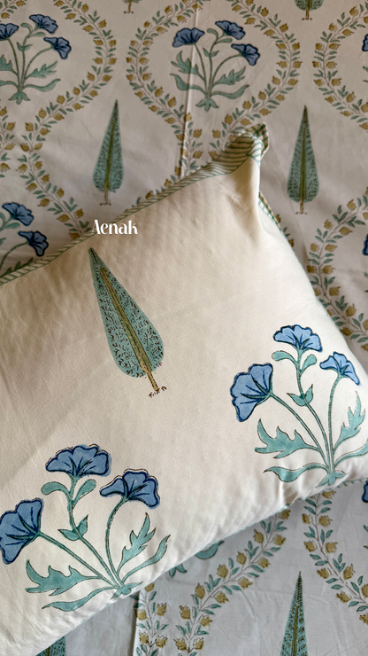 Blue Poppy Handblock Bedsheet + Dohar Combo (Beige Base)