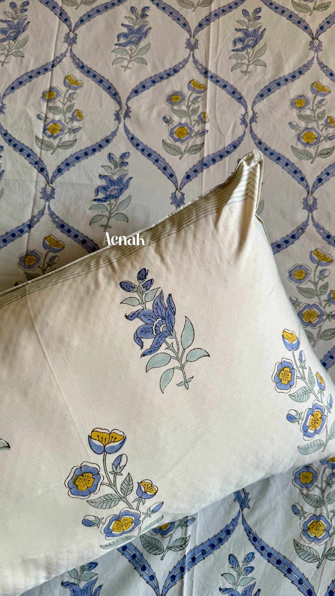 Blue Periwinkle Jaal Handblock Bedsheet + Dohar Combo (Beige Base)
