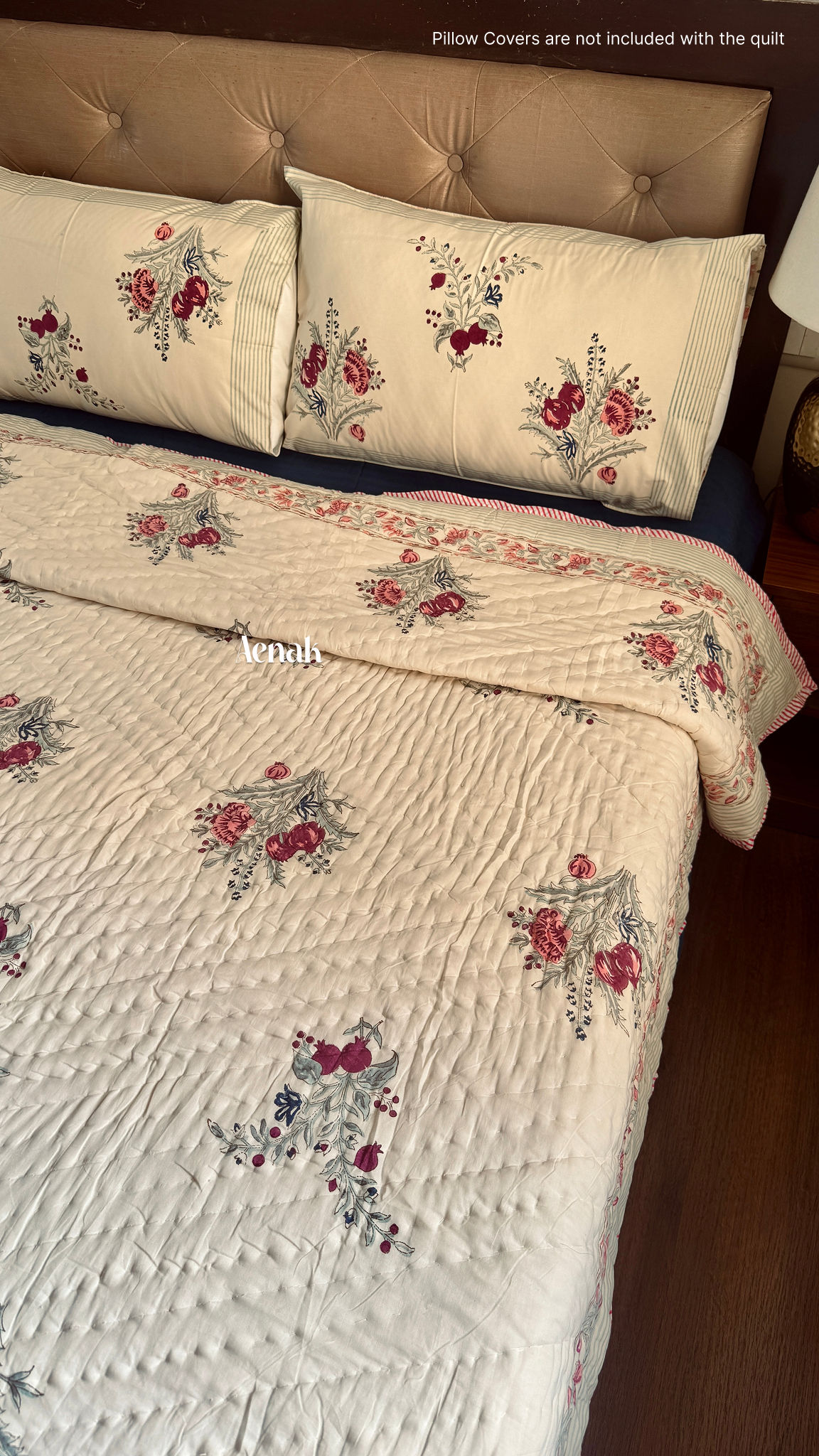 Burgundy Anaar Handblock Printed Reversible Mulmul Cotton Quilt (Beige Base)