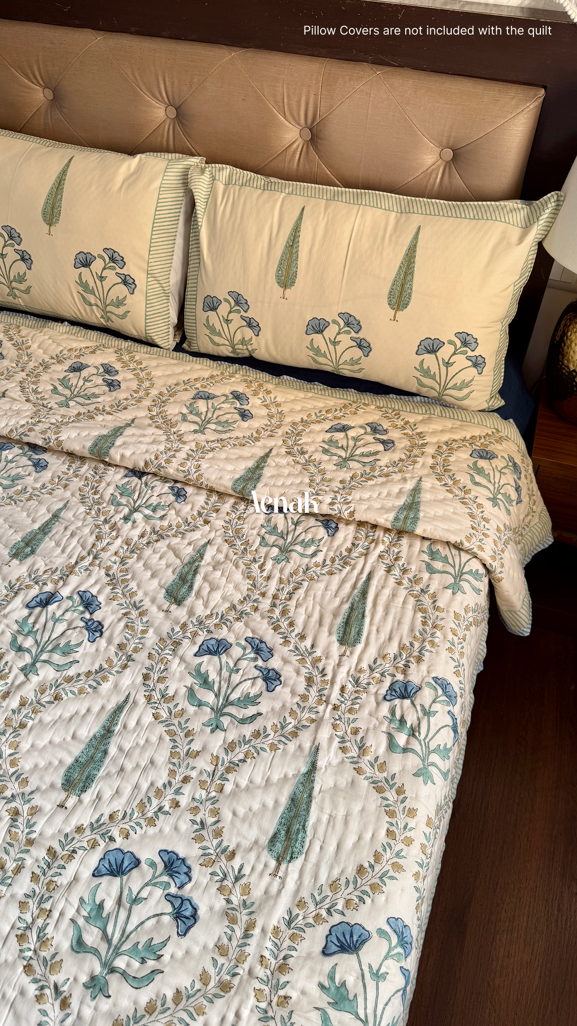 Blue Poppy Handblock Printed Reversible Mulmul Cotton Quilt (Beige Base)