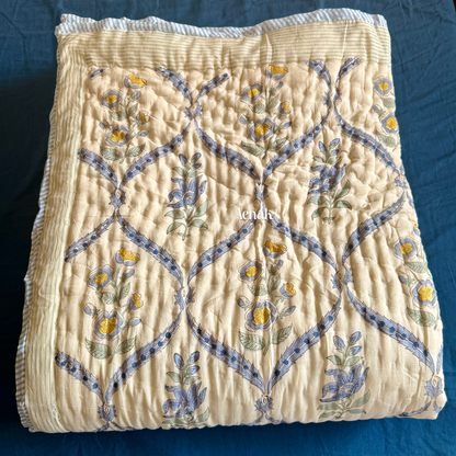 Blue Periwinkle Handblock Printed Reversible Mulmul Cotton Quilt (Beige Base)