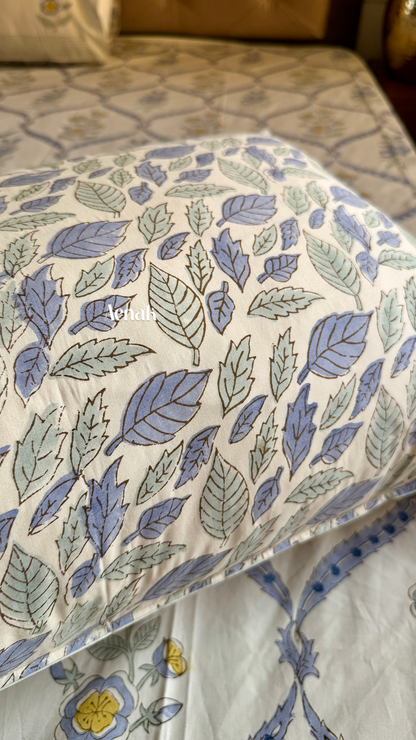 Blue Periwinkle Jaal Handblock Bedsheet + Dohar Combo (Beige Base)