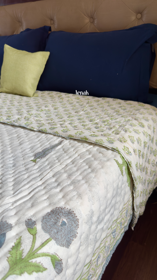 Blue Dahlia Handblock Printed Reversible Mulmul Cotton Quilt