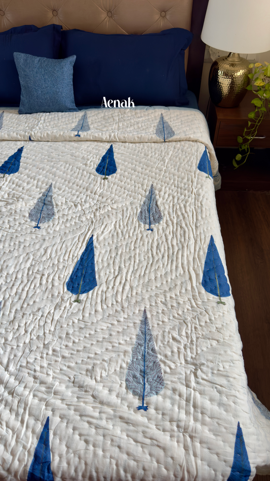 Blue Cypress Handblock Printed Reversible Mulmul Cotton Quilt