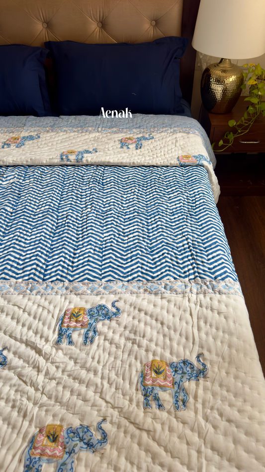 Blue Chevron Elephant Handblock Printed Reversible Mulmul Cotton Quilt