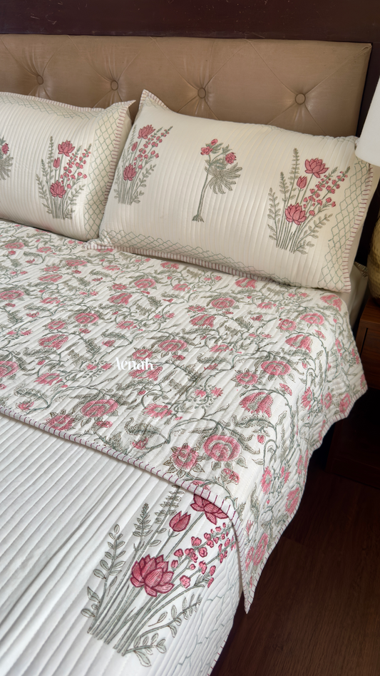 Green Ashoka Handblock Bedsheet + Quilted Bedcover Combo