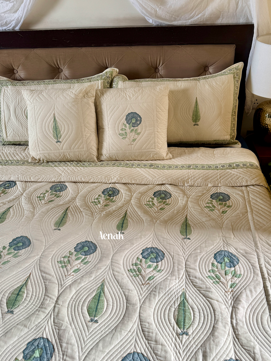 Beige Embossed Handblock Printed Quilted Bedcover (Non-White Base)